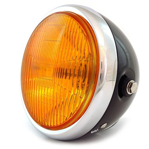6.5" Bullet Side Mount H4 Halogen Motorcycle Headlight Gloss Black Chrome Amber