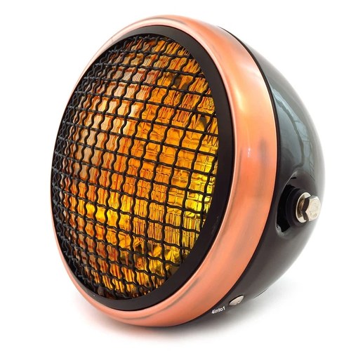 7" Side Mount Motorcycle Headlight w/ Grill Gloss Black Bronze Amber H4 Halogen