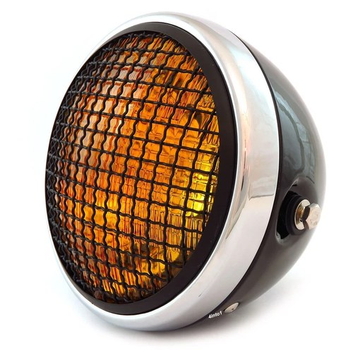 7" Side Mount Motorcycle Headlight w/ Grill - Gloss Black Chrome Amber - Halogen