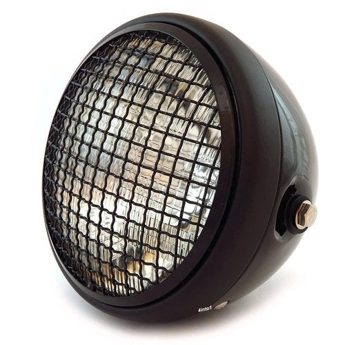 7" Side Mount Motorcycle Headlight w/ Grill - Gloss/Matte Black Clear H4 Halogen
