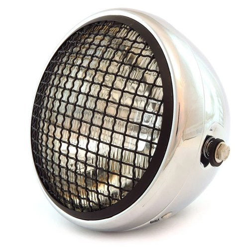 7" Side Mount Motorcycle Headlight - Chrome - Matte Black Grill Clear H4 Halogen