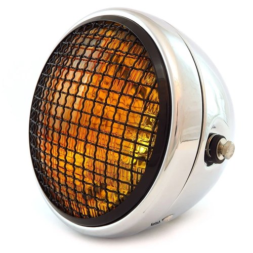 7" Side Mount Motorcycle Headlight w/ Grill Chrome Gloss Black Amber H4 Halogen