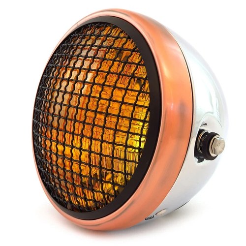 7" Side Mount Motorcycle Headlight - Chrome Bronze Black Grill Amber H4 Halogen