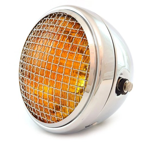 7" Custom Side Mount Motorcycle Headlight w/ Grill - Chrome - Amber H4 Halogen