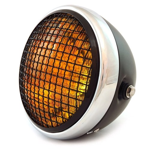 7" Side Mount Motorcycle Headlight w/ Grill Matte Black Chrome Amber H4 Halogen