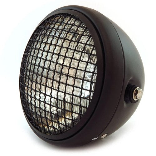 7" Custom Side Mount Motorcycle Headlight w/ Grill H4 Halogen Matte Black Clear