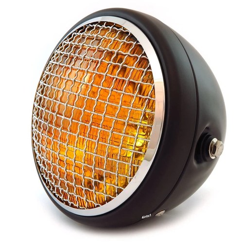 7" Side Mount Motorcycle Headlight w/ Grill Matte Black Chrome Amber H4 Halogen