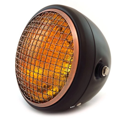 7" Side Mount Motorcycle Headlight - Matte Black - Bronze Grill Amber H4 Halogen