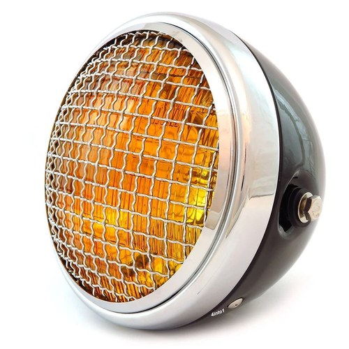 7" Side Mount Motorcycle Headlight w/ Grill Gloss Black Chrome Amber H4 Halogen
