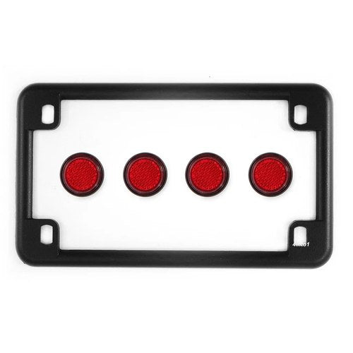 Matte Black Motorcycle License Plate Frame w/ 4 Red Reflector Bolts Set