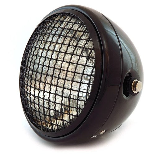7" Side Mount Motorcycle Headlight w/ Grill - Gloss Black - Clear - H4 Halogen