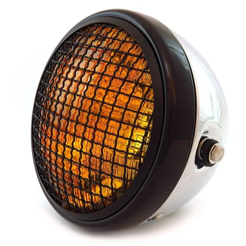 7" Side Mount Motorcycle Headlight w/ Grill - Chrome Black - Amber H4 Halogen