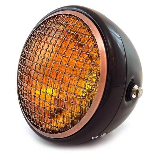 7" Side Mount Motorcycle Headlight w/ Grill Black Bronze Grill Amber H4 Halogen