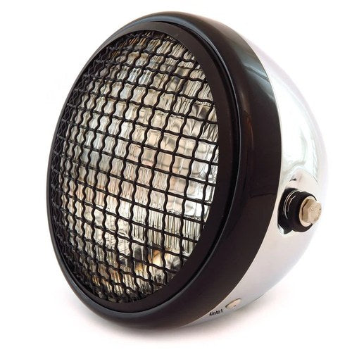 7" Side Mount Motorcycle Headlight w/ Grill - Chrome Black - Clear H4 Halogen
