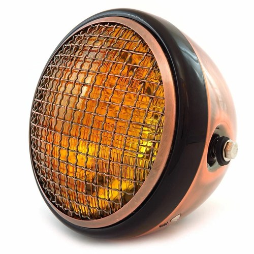 7" Side Mount Motorcycle Headlight w/ Grill Bronze Gloss Black Amber H4 Halogen