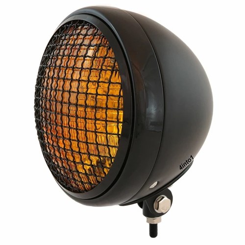 7" Custom Bottom Mount Motorcycle Headlight w/ Grill - Black - Amber H4 Halogen