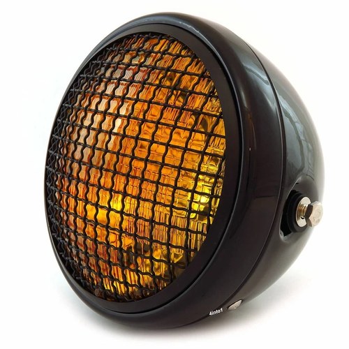 7" Side Mount Motorcycle Headlight w/ Grill Gloss / Matte Black Amber H4 Halogen