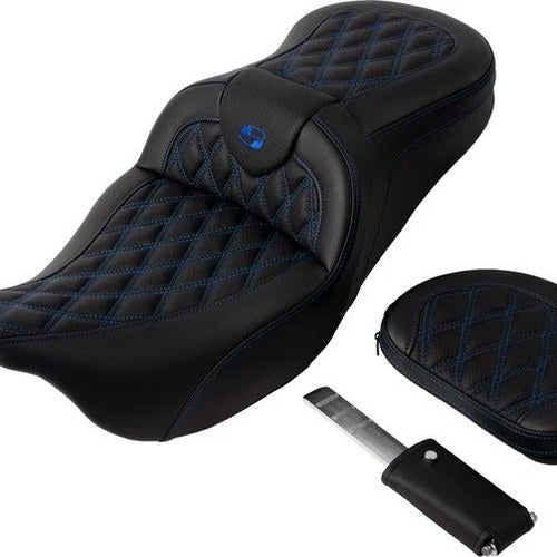 Saddlemen RoadSofa LS Seat With Backrest Blue Stitch #284809 Harley Davidson