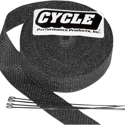 Cycle Performance Exhaust Wrap 2" x 25' Black Silver Ties