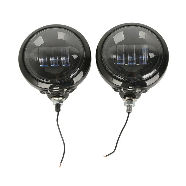 Pair Black 4.5" LED Fog Light Passing Auxiliary Lamp & Housing Bucket For Harley